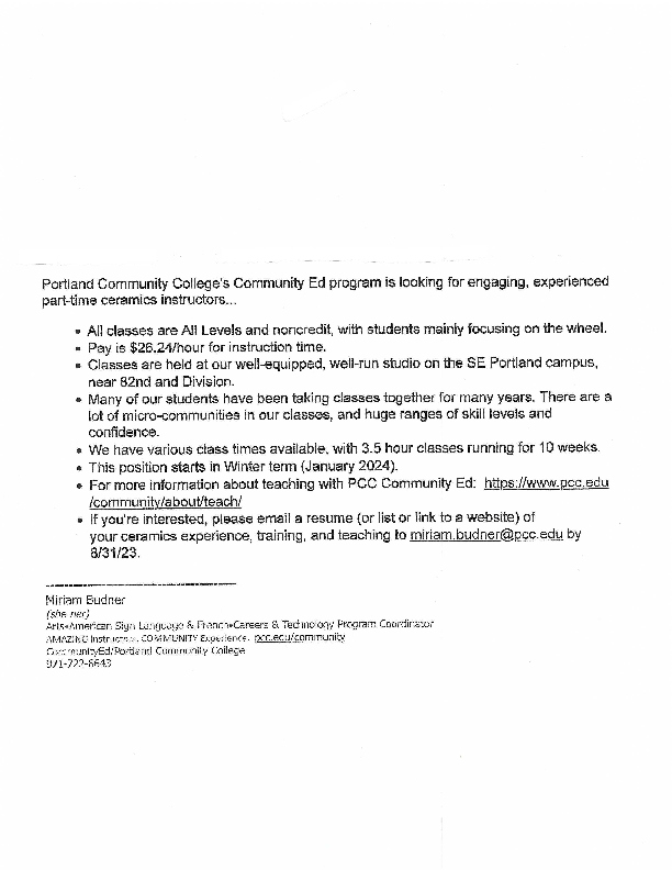 PCC Ceramic Teacher position